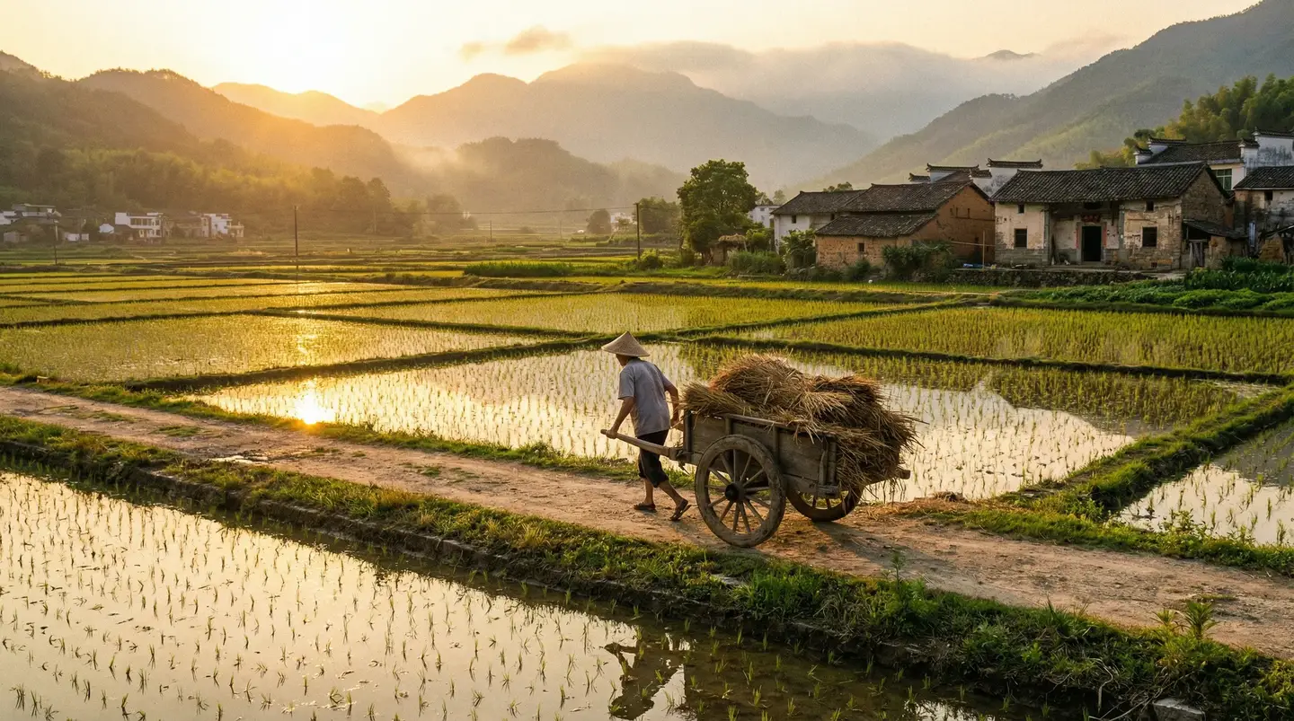韩国伦理电影在线伦理 - 金色夕阳下的乡村田野，老农推着木车行走在田埂上